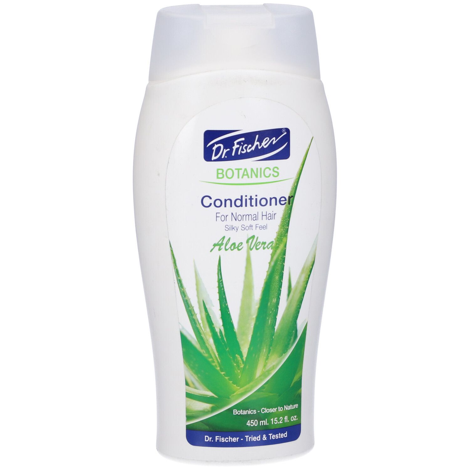 Flacone bianco con motivo aloe vera verde. Scritta: Dr. Fischer Botanics Conditioner per capelli normali, Aloe Vera.