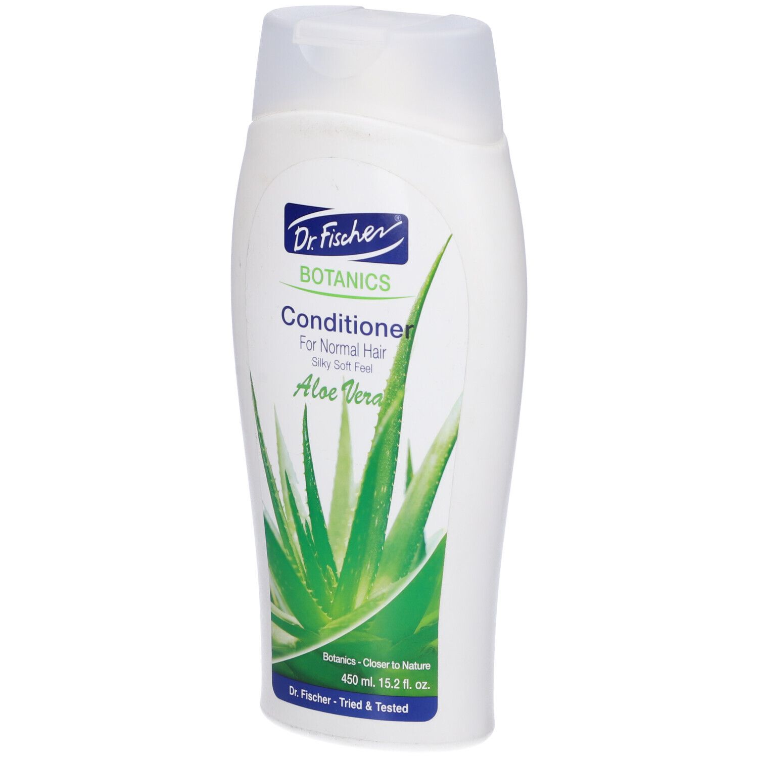 Flacone bianco con motivo aloe vera verde. Scritta: Dr. Fischer Botanics Conditioner per capelli normali, Aloe Vera.