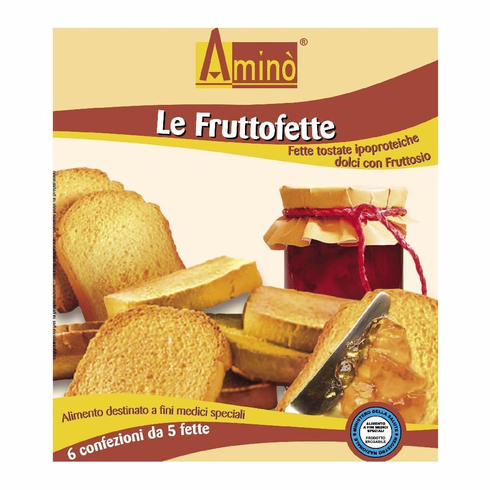 Confezione di Amino' Fruttofette. Fette tostate ipoproteiche e vasetto di marmellata.