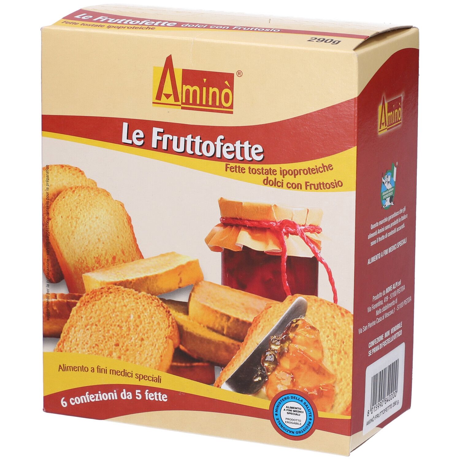 Confezione Amino' Fruttofette. Scritto: fette tostate ipoproteiche, 290g, 6 confezioni da 5.