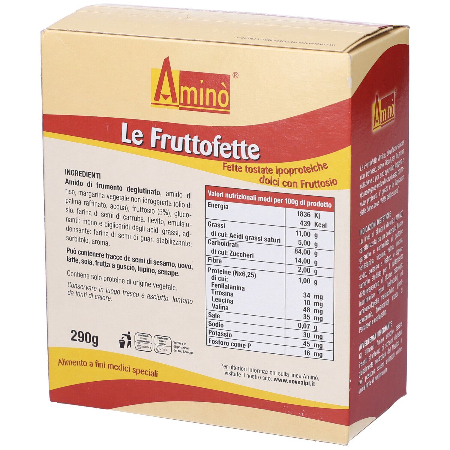 Confezione Amino' Fruttofette. Lista ingredienti e valori nutrizionali. Peso: 290g.