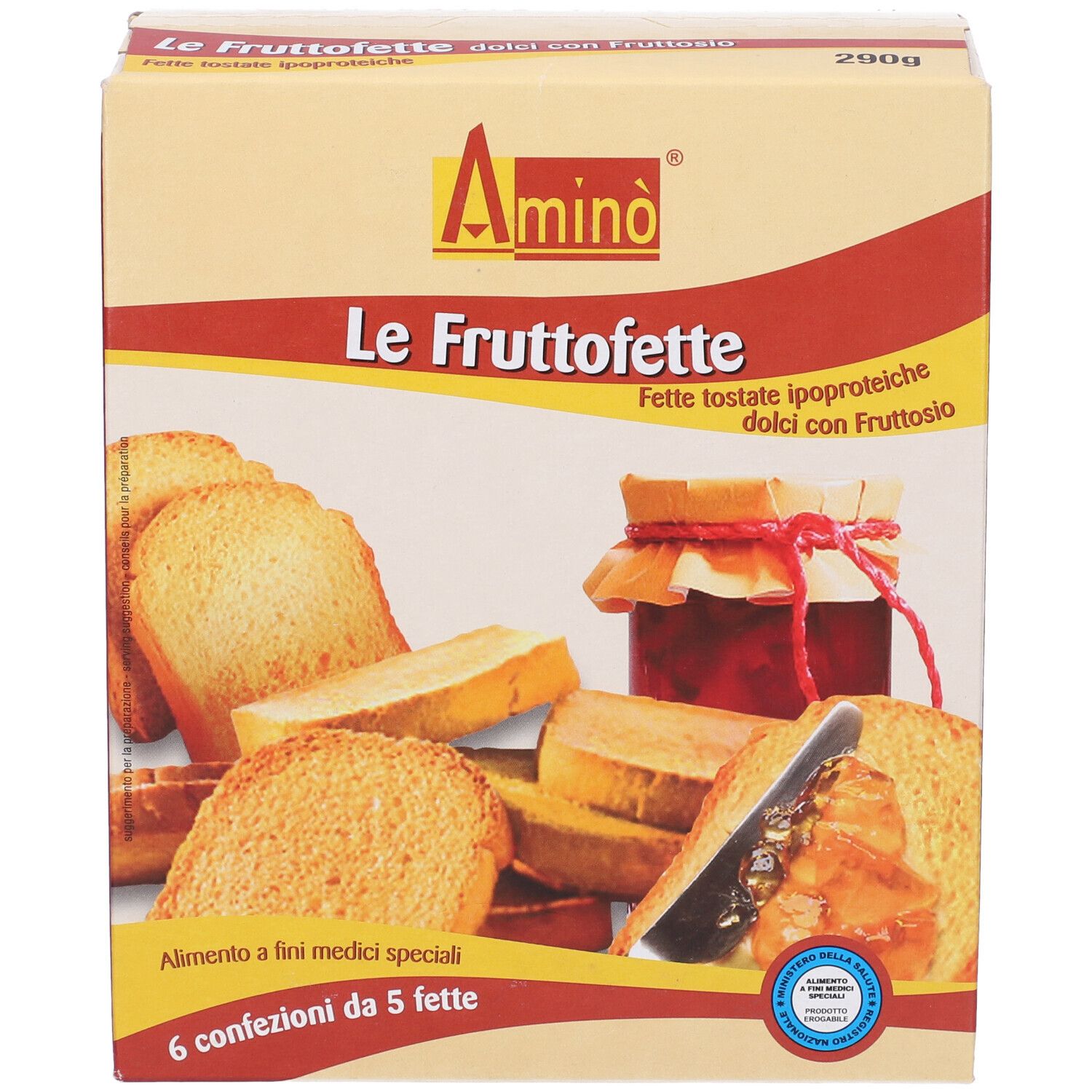 Confezione di Amino' Fruttofette. Fette tostate ipoproteiche e vasetto di marmellata.