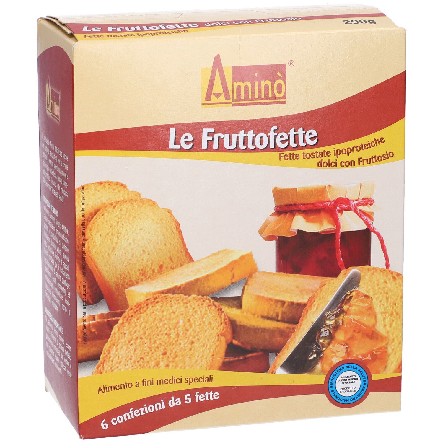 Confezione di Amino' Fruttofette. Fette tostate ipoproteiche e vasetto di marmellata.