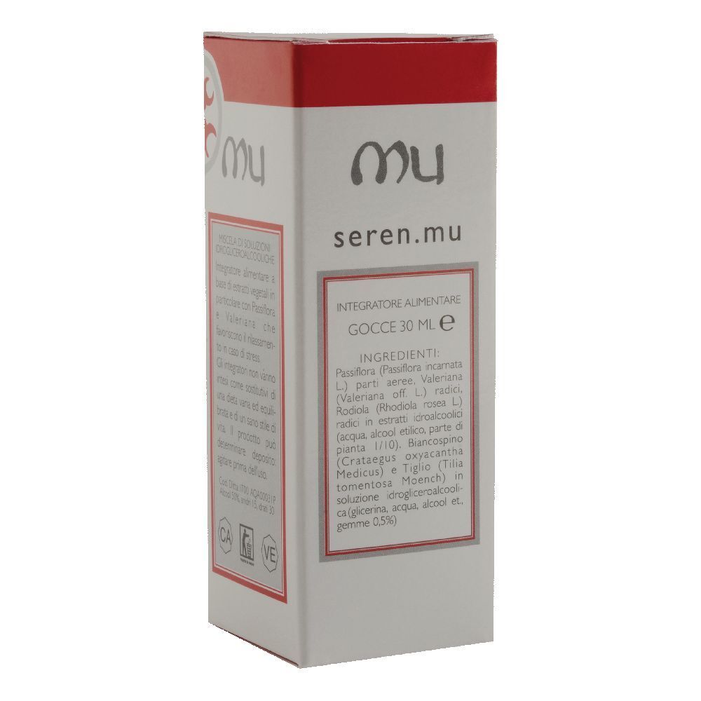 Scatola bianca e rossa. Scritta: seren.mu, Gocce 30 ml e. Testo in italiano.