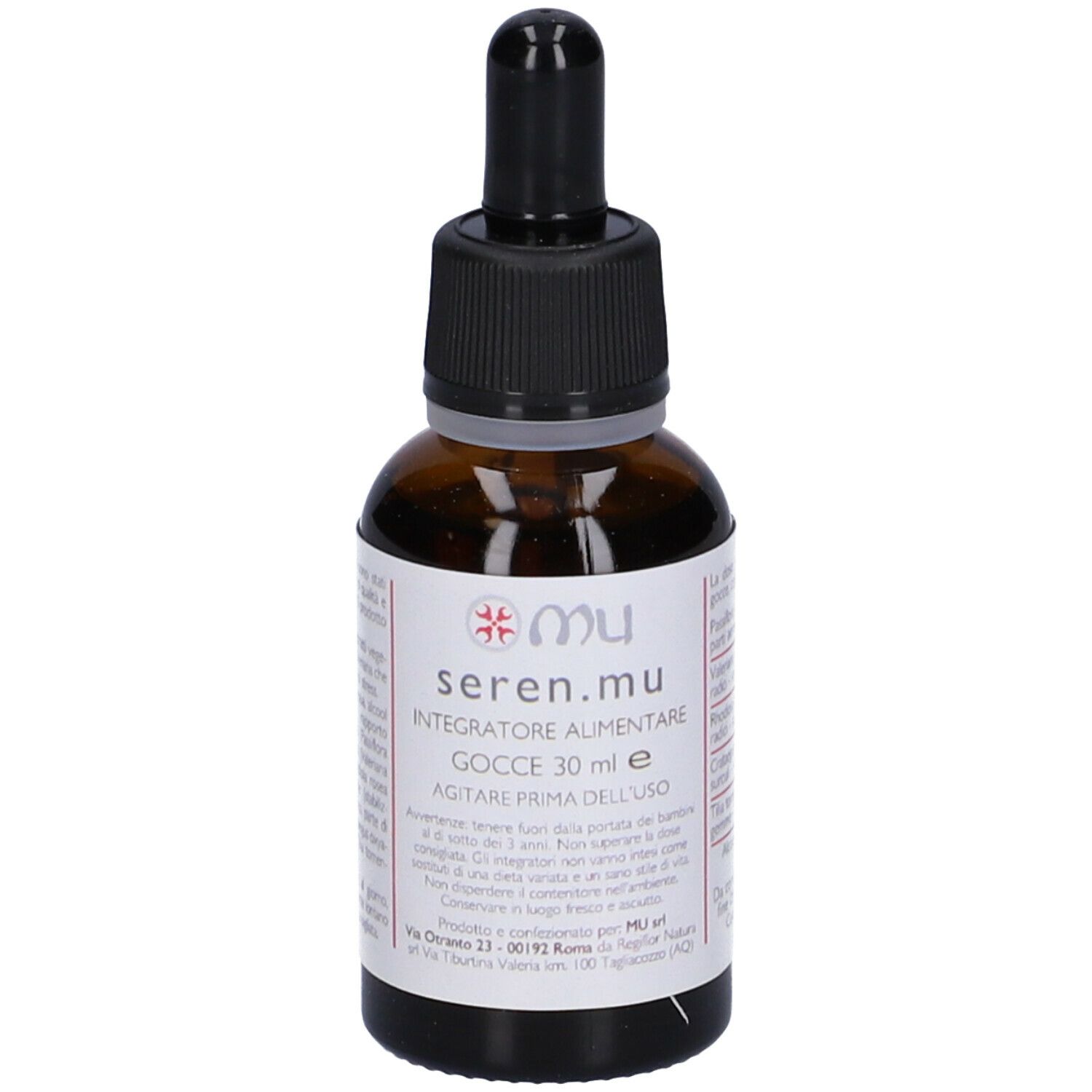 Flacone di vetro marrone con contagocce nero. Scritta: seren.mu, Gocce 30 ml e. Testo in italiano.