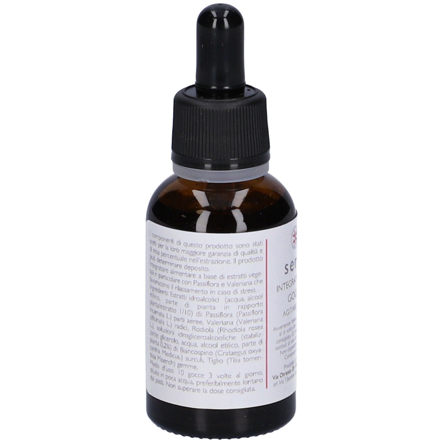 Flacone di vetro marrone con contagocce nero. Testo in italiano con ingredienti e dosaggio.