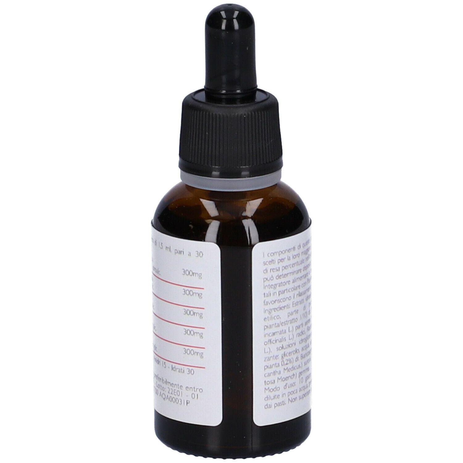Flacone di vetro marrone con contagocce nero. Testo in italiano con ingredienti e dosaggio.