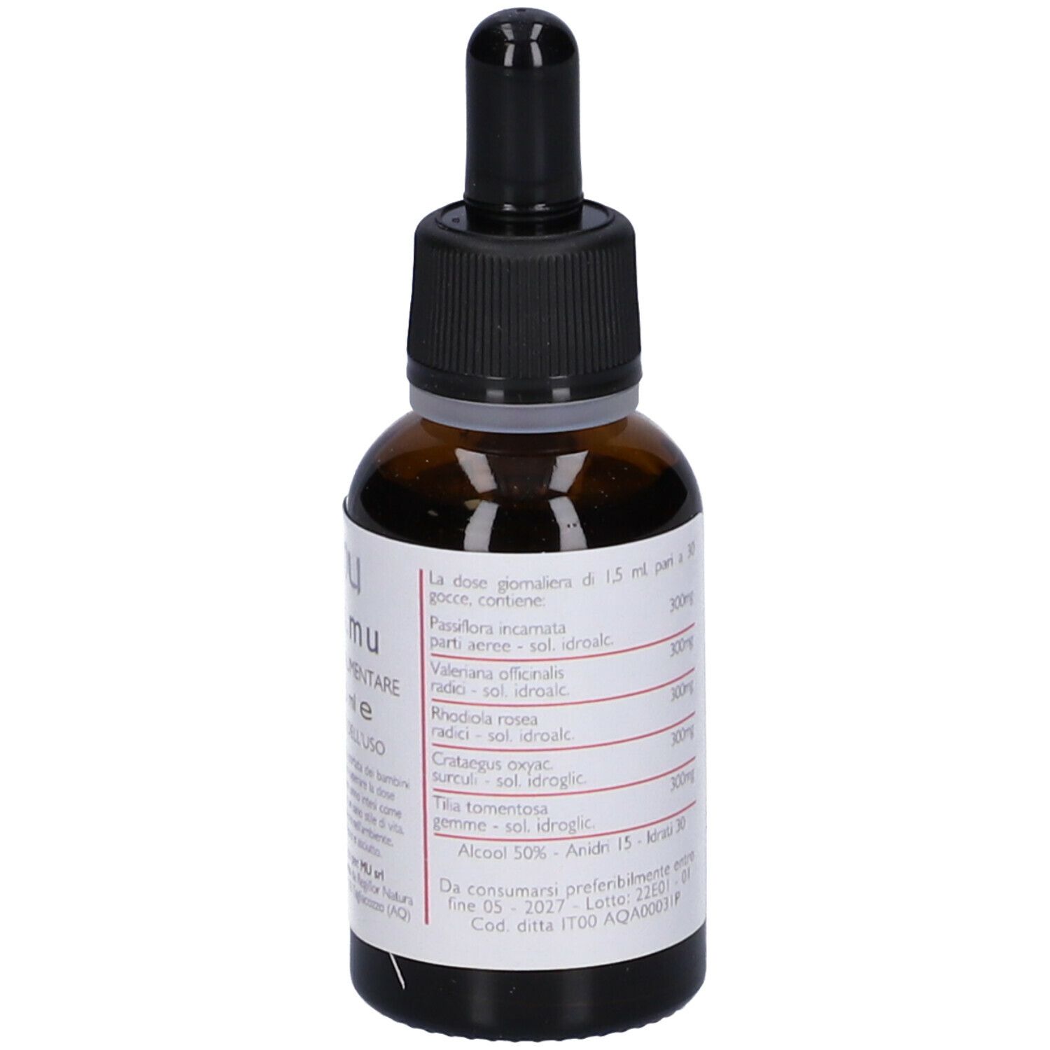 Flacone di vetro marrone con contagocce nero. Testo in italiano con ingredienti e dosaggio.
