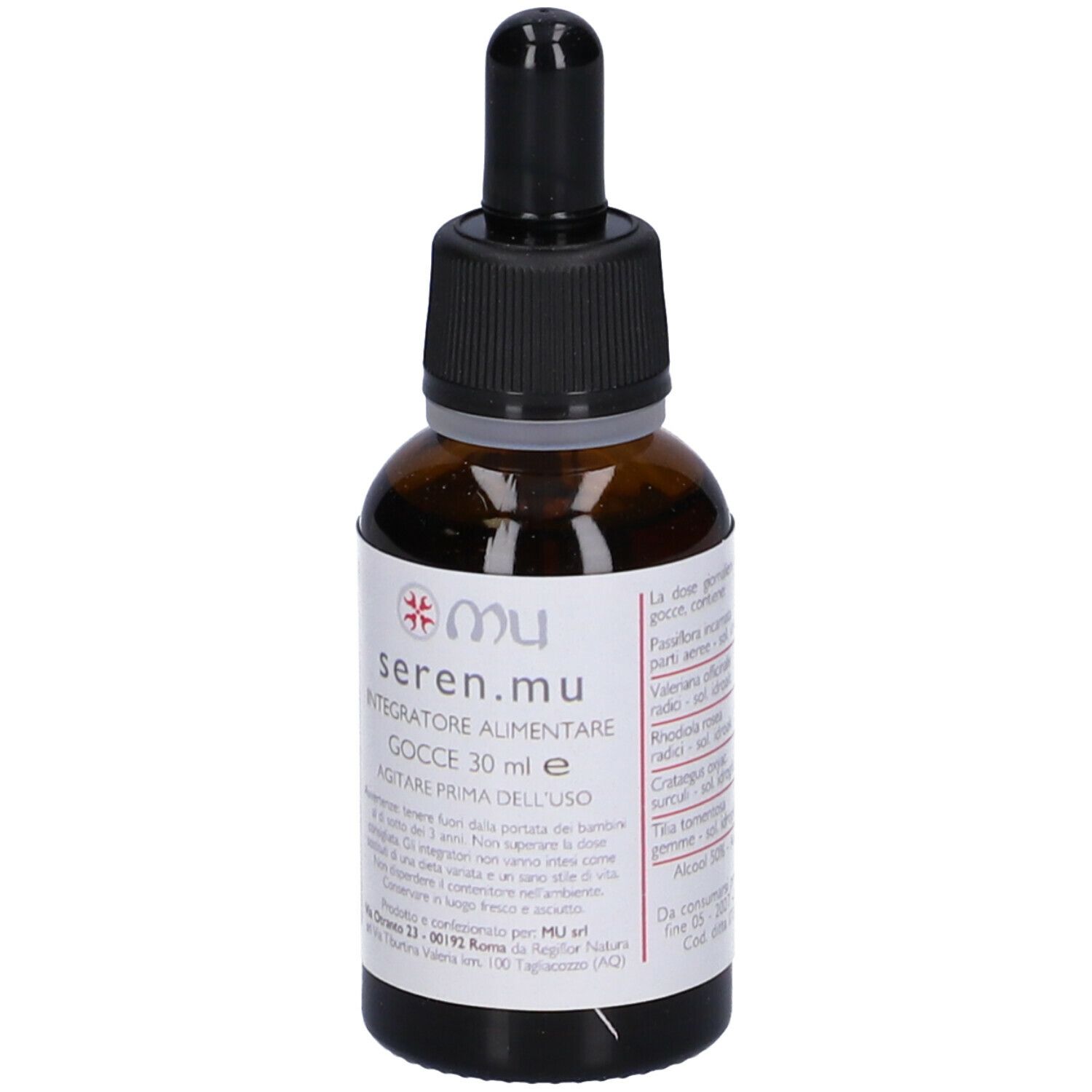 Flacone di vetro marrone con contagocce nero. Scritta: seren.mu, Gocce 30 ml e. Testo in italiano.