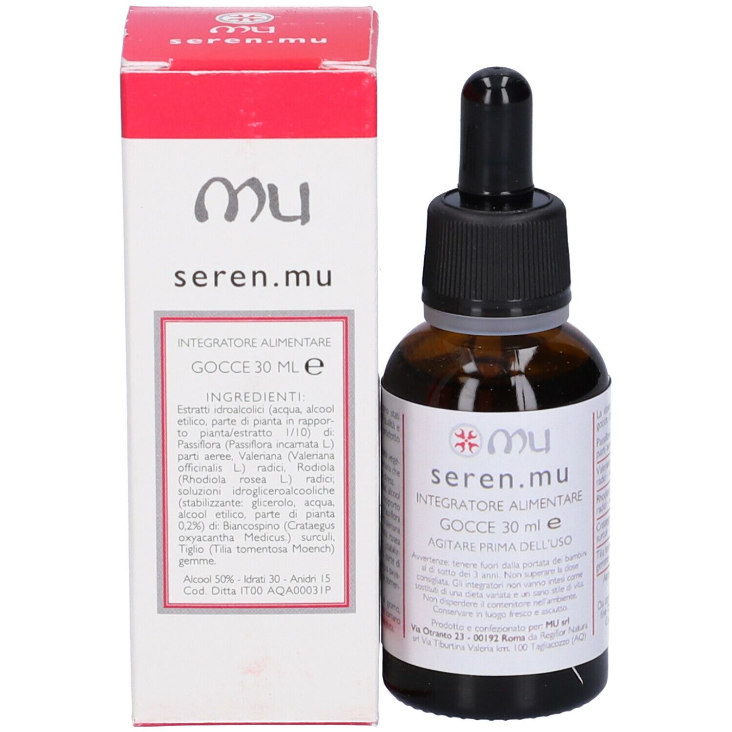 Flacone di vetro marrone con contagocce nero e scatola bianca. Scritta: seren.mu, Gocce 30 ml e. Testo in italiano.