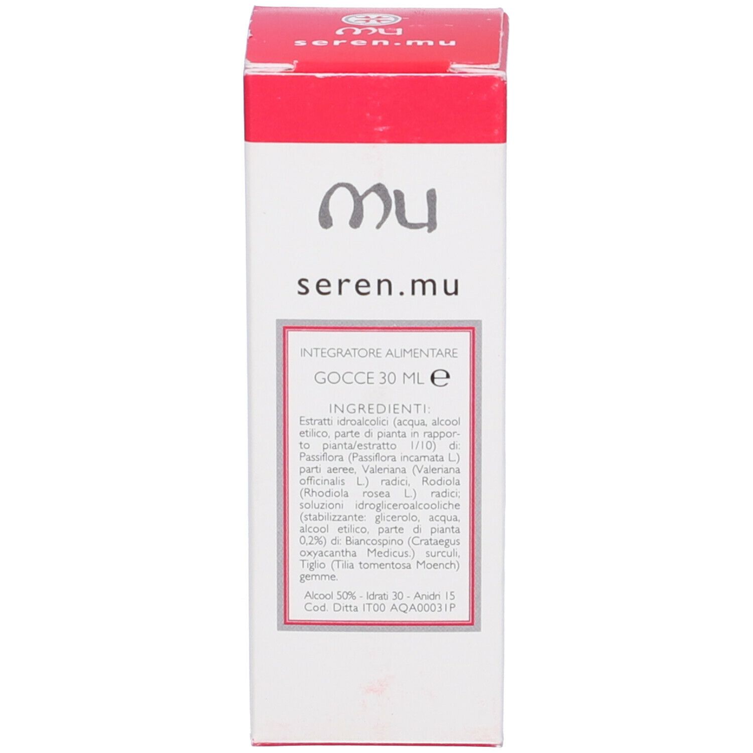 Scatola bianca e rossa. Scritta: seren.mu, Gocce 30 ml e. Testo in italiano.