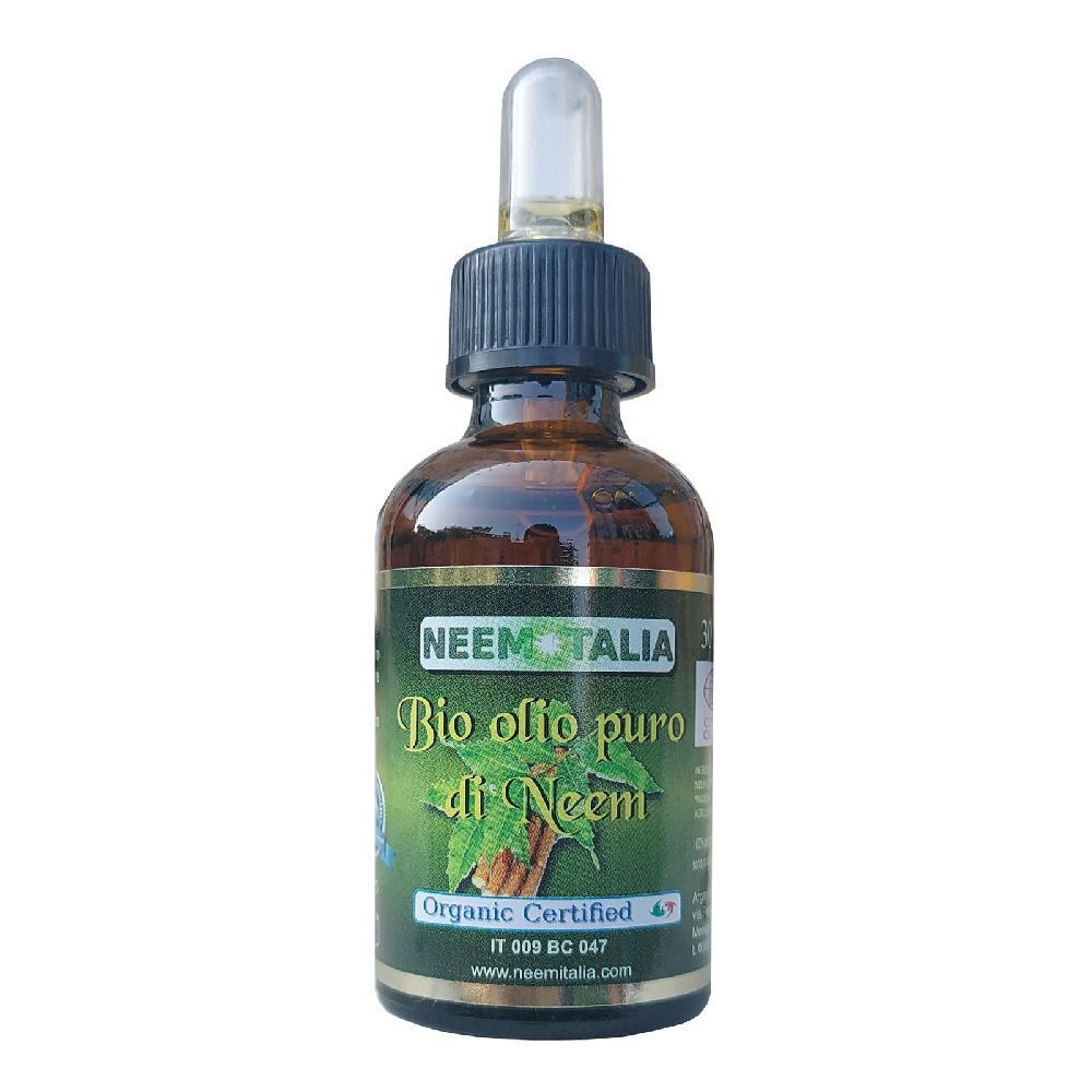 Flacone di vetro marrone con pipetta. Scritta: Bio olio puro di Neem. Prodotto biologico certificato.