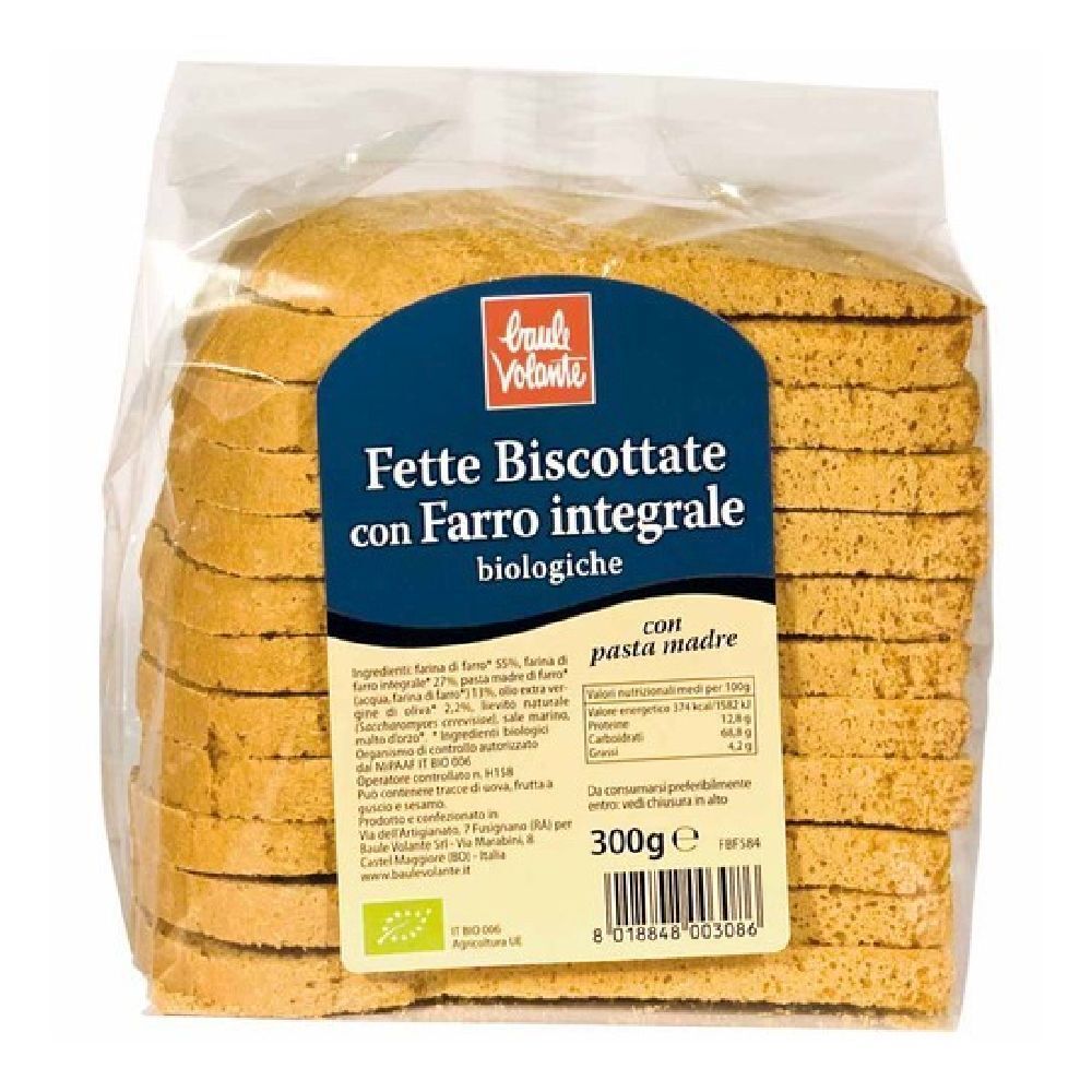 Confezione di Fette Biscottate con Farro integrale. Fette di pane dorate visibili. Scritta: biologico, 300g.