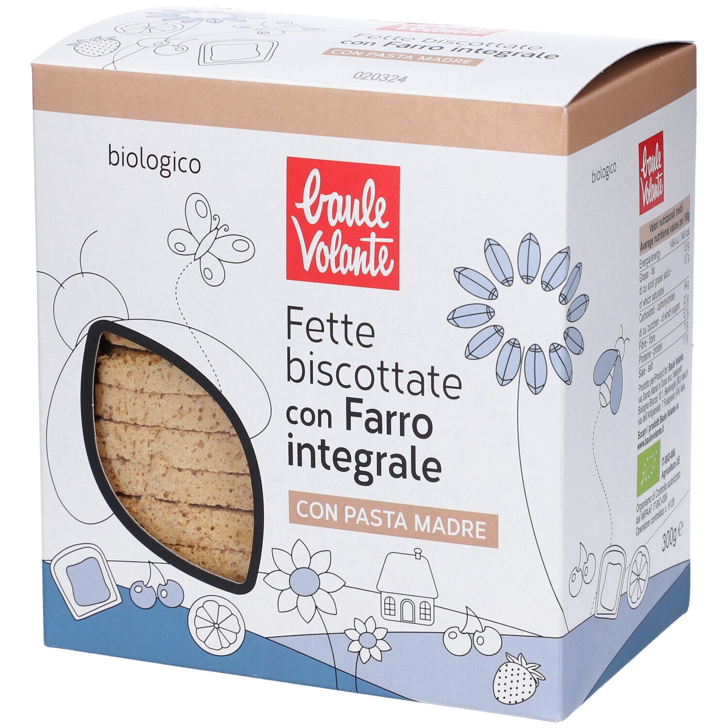 Scatola di Fette Biscottate con Farro integrale. Finestra con fette di pane. Scritta: biologico, 300g, Baulé Volante.