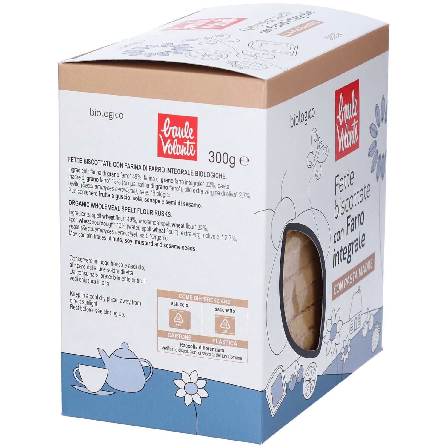 Scatola di Fette Biscottate con Farro integrale. Finestra con fette di pane. Scritta: biologico, 300g, Baulé Volante.