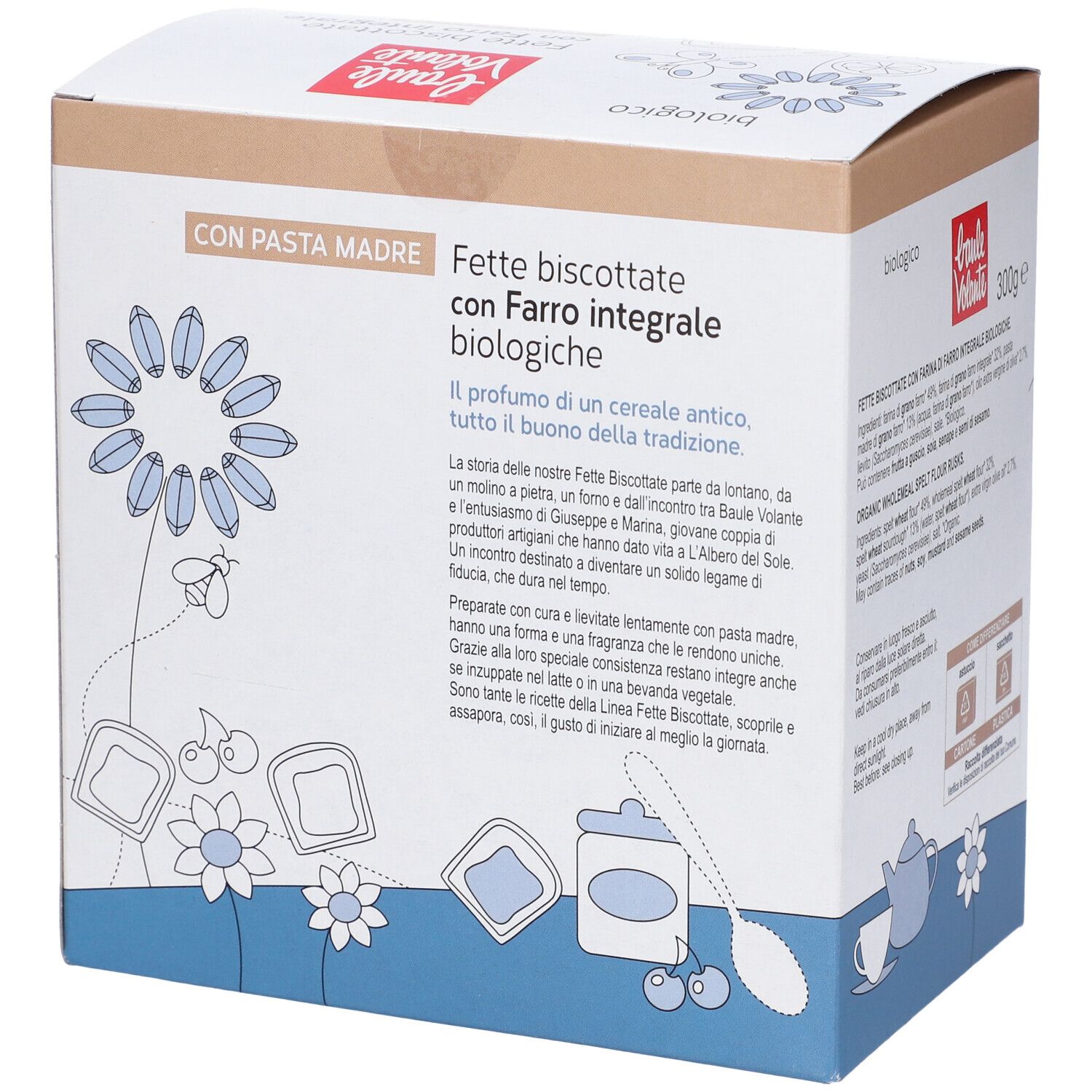 Scatola di Fette Biscottate con Farro integrale. Scritta: biologico, 300g, Baulé Volante. Testo sugli ingredienti.