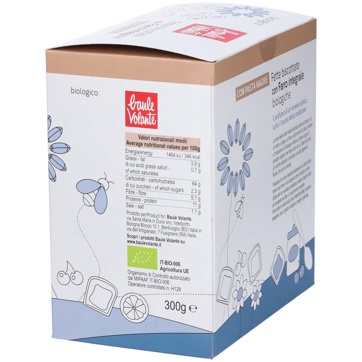 Scatola di Fette Biscottate con Farro integrale. Scritta: biologico, 300g, Baulé Volante. Valori nutrizionali.