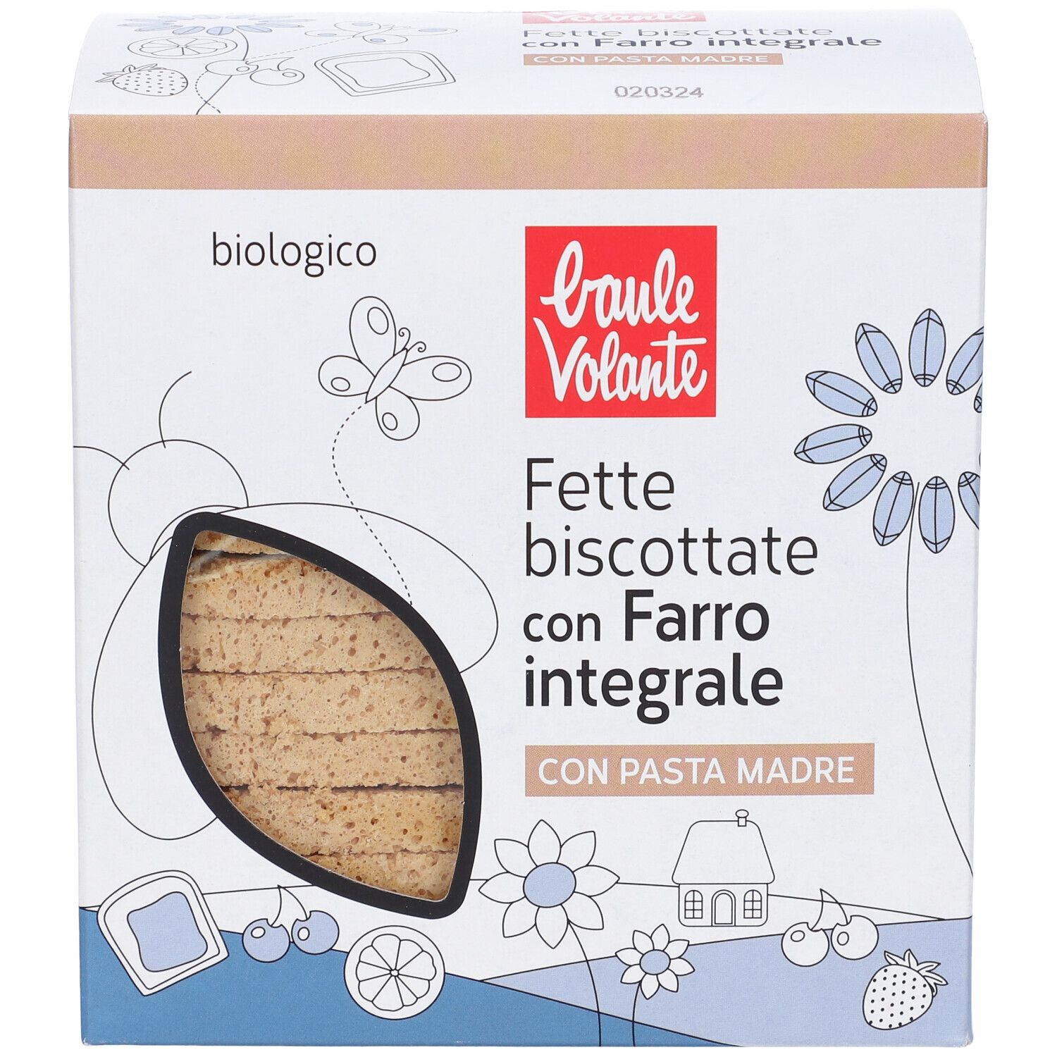 Scatola di Fette Biscottate con Farro integrale. Finestra con fette di pane. Scritta: biologico, 300g, Baulé Volante.