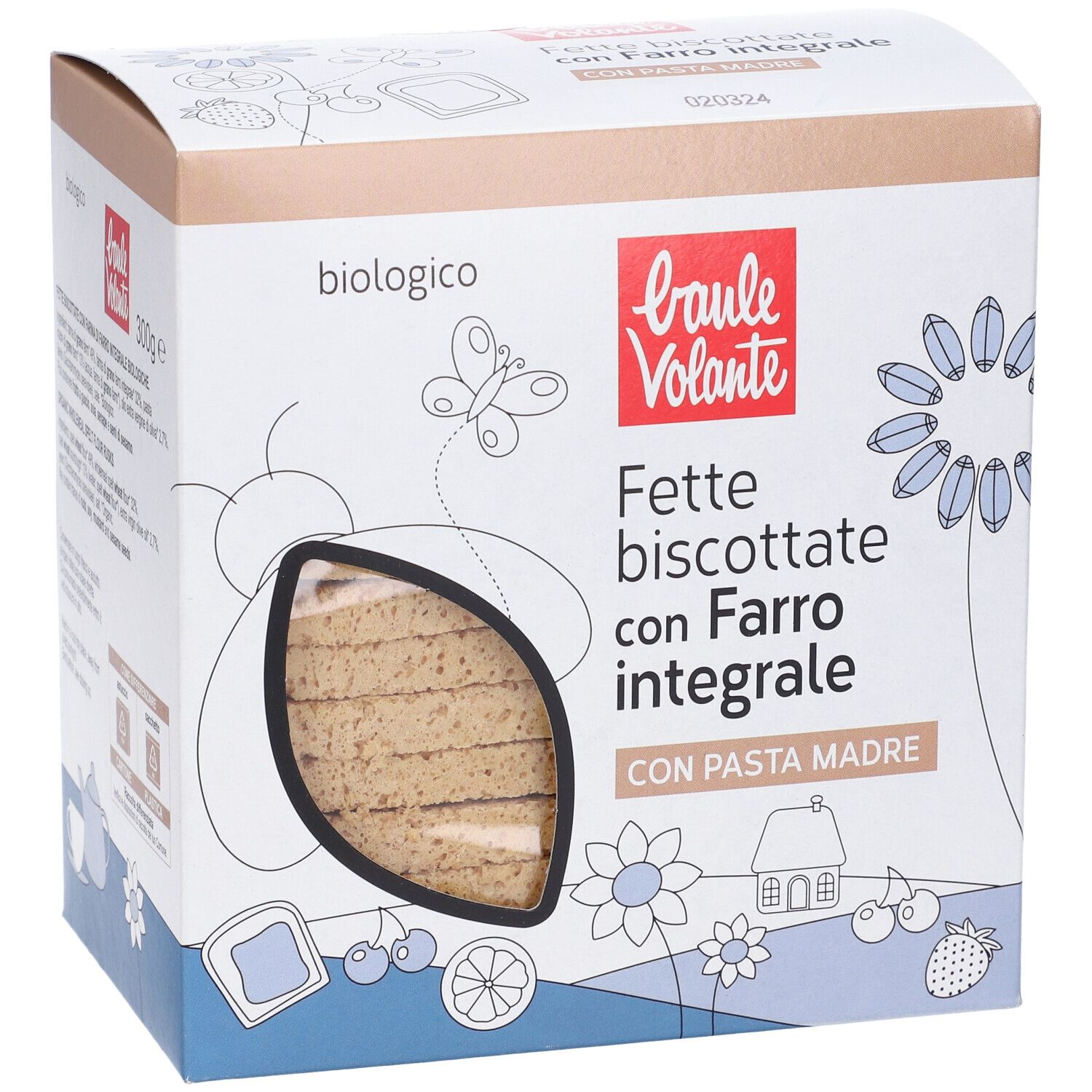 Scatola di Fette Biscottate con Farro integrale. Finestra con fette di pane. Scritta: biologico, 300g, Baulé Volante.