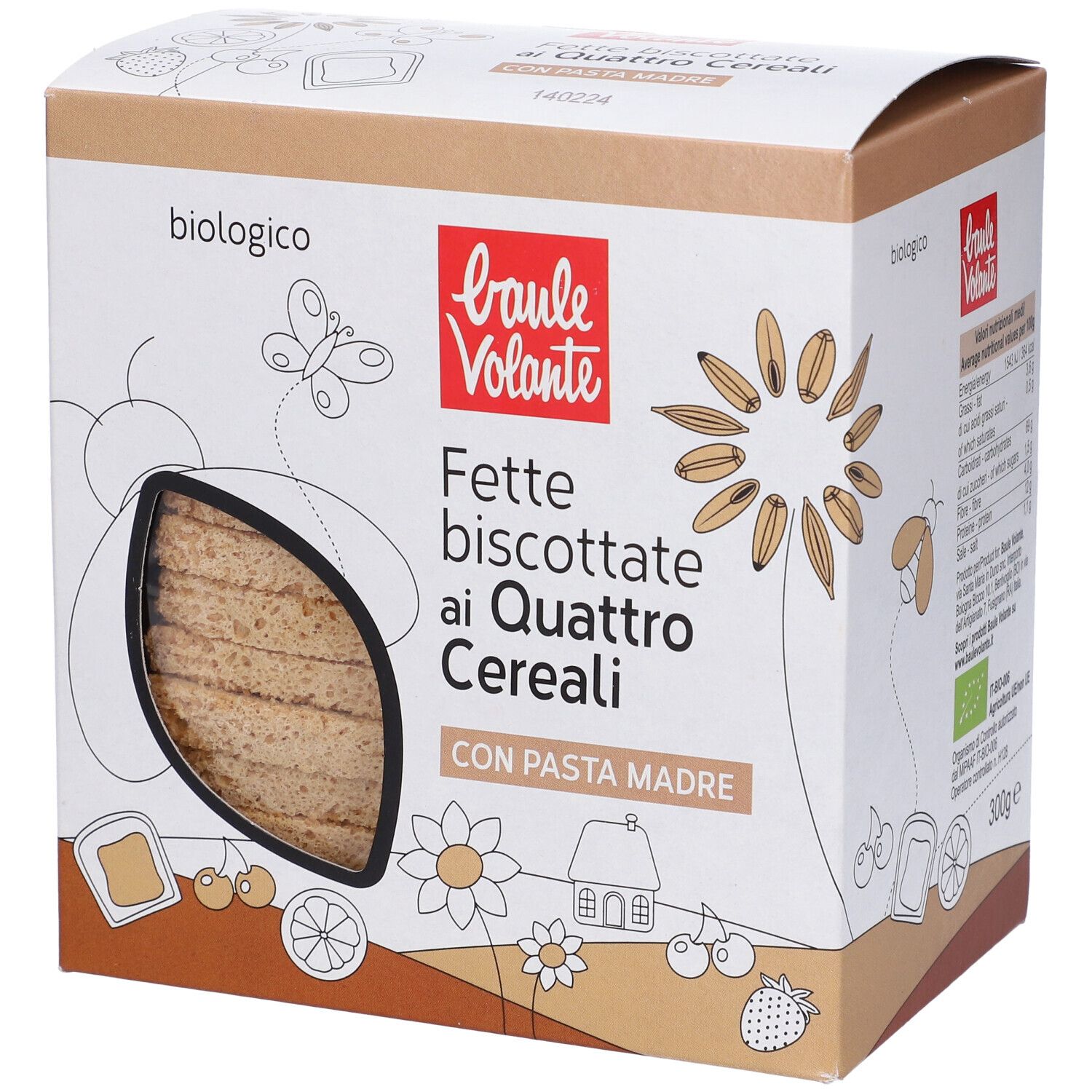 Confezione di Fette Biscottate ai Quattro Cereali. Visibile: nome prodotto, logo, e finestra ovale con fette biscottate.