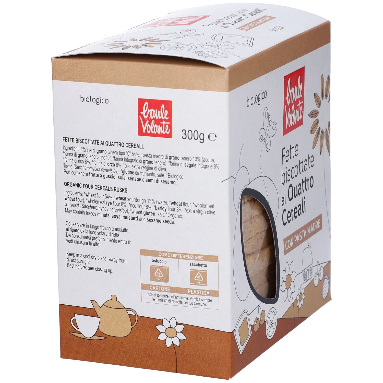 Confezione di Fette Biscottate ai Quattro Cereali. Visibile: nome prodotto, logo, lista ingredienti e finestra ovale con fette biscottate.