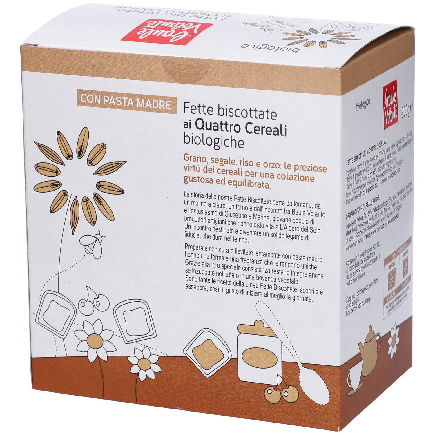 Confezione di Fette Biscottate ai Quattro Cereali. Visibile: nome prodotto, logo, testo sui benefici e finestra ovale con fette biscottate.