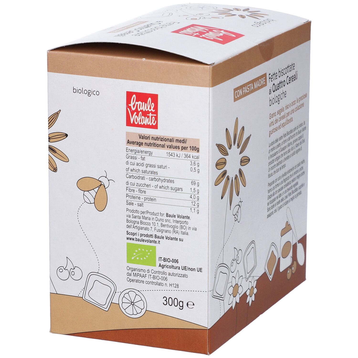 Confezione di Fette Biscottate ai Quattro Cereali. Visibile: valori nutrizionali, logo, e 300g.