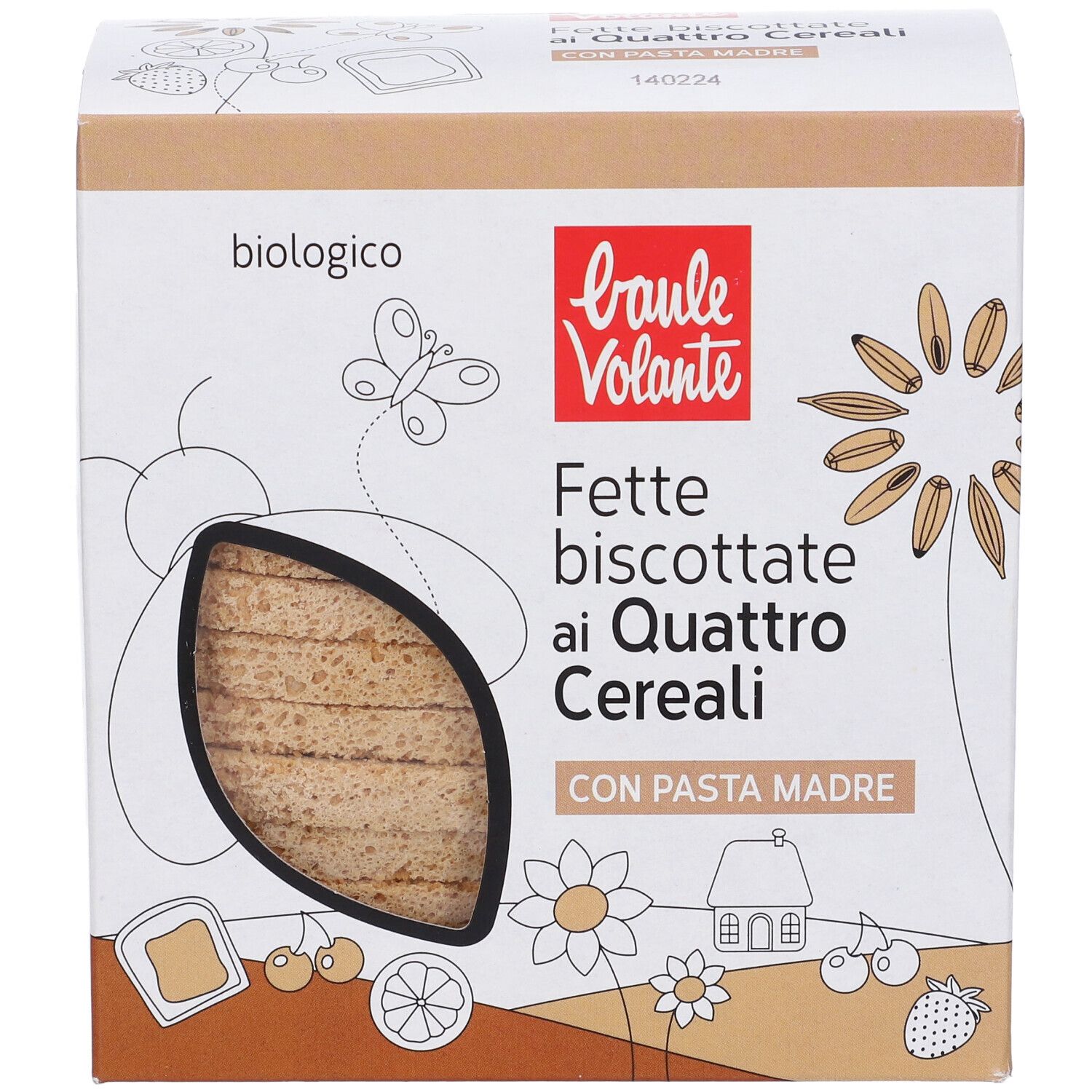 Confezione di Fette Biscottate ai Quattro Cereali. Visibile: nome prodotto, logo, e finestra ovale con fette biscottate.