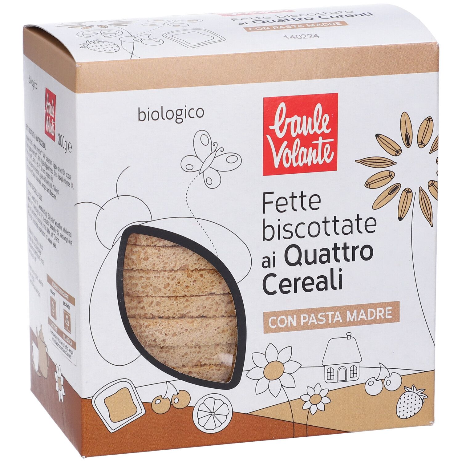 Confezione di Fette Biscottate ai Quattro Cereali. Visibile: nome prodotto, logo, e finestra ovale con fette biscottate.