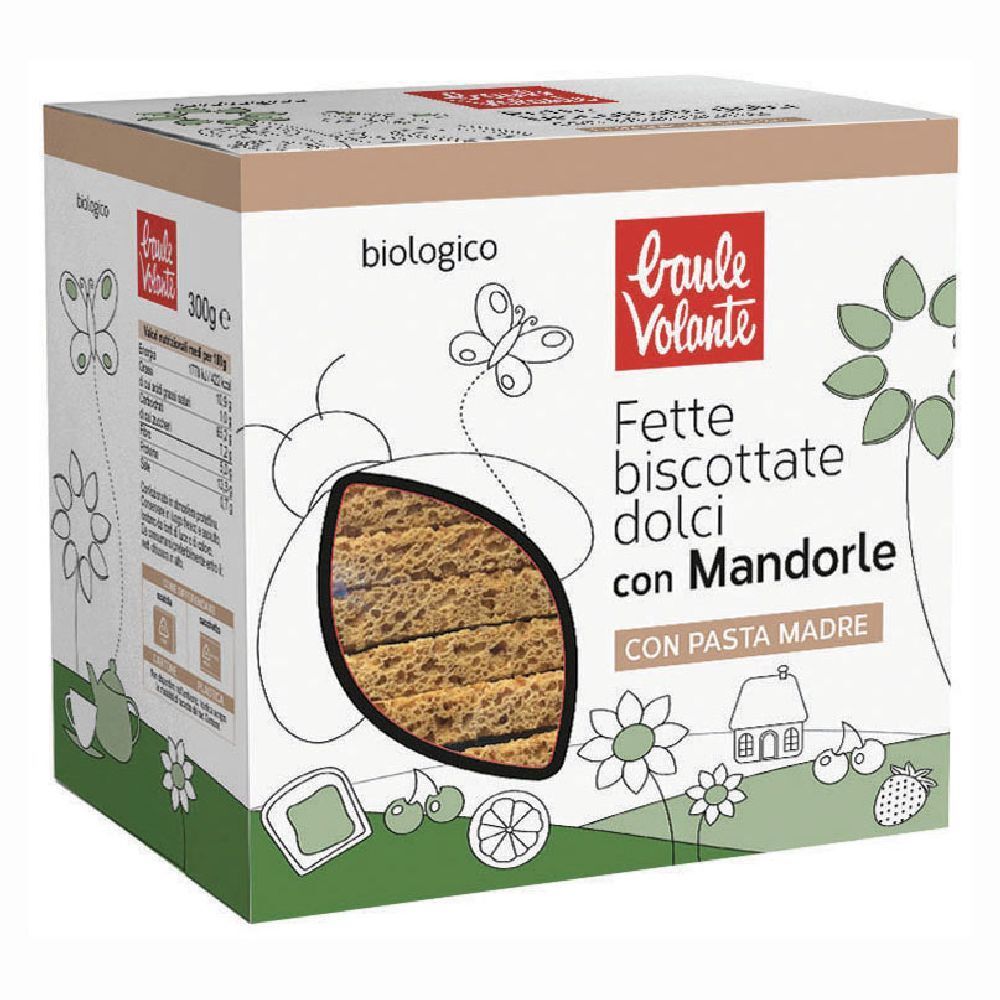 Confezione di Fette Biscottate Dolci Mandorla Malto. Finestra mostra biscotti. Marchio: Baule Volante. Scritta: biologico.