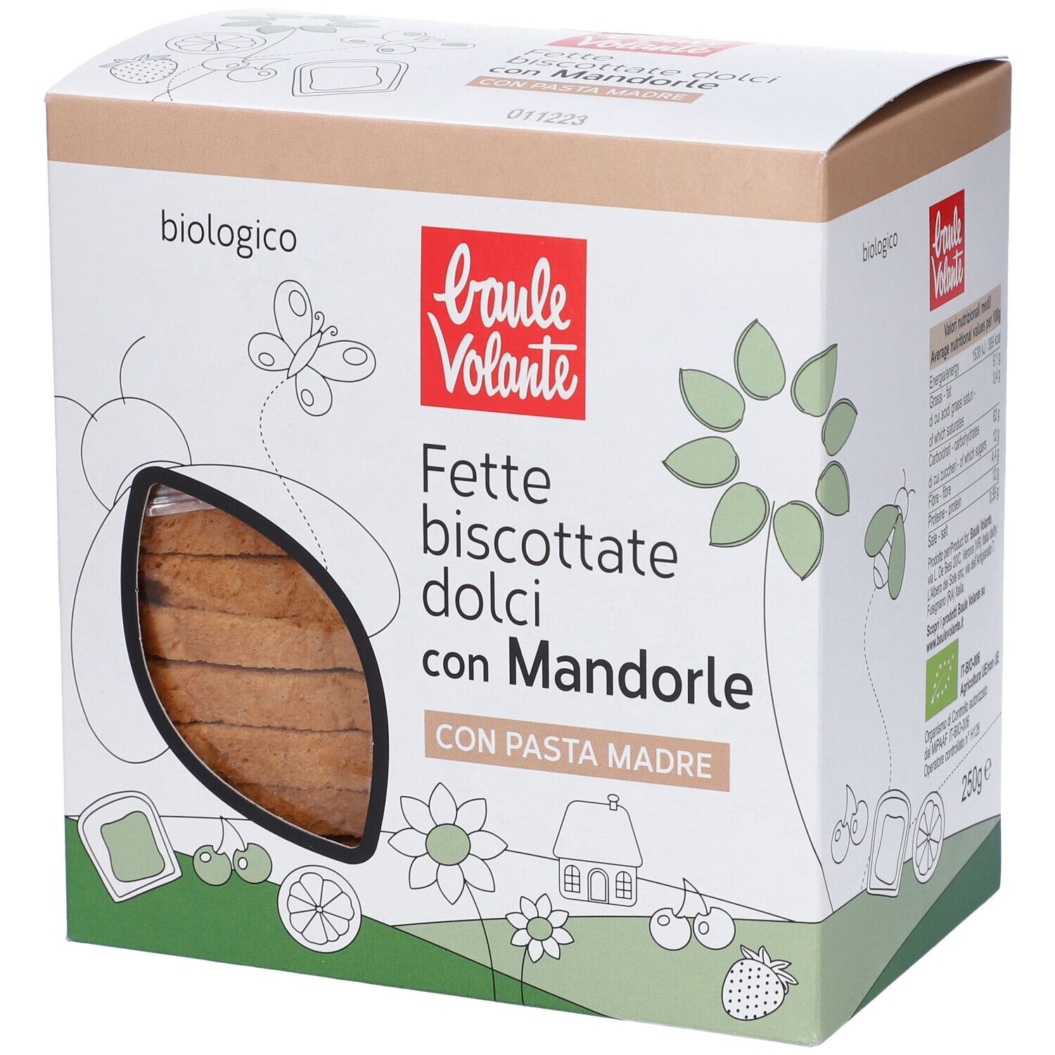 Confezione di Fette Biscottate Dolci Mandorla Malto. Marchio: Baule Volante. Scritta: biologico. Finestra mostra biscotti.