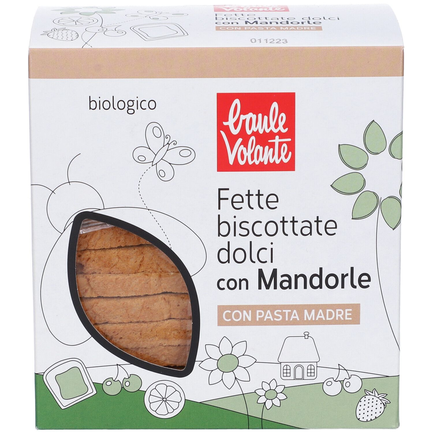 Retro della confezione di Fette Biscottate Dolci Mandorla Malto. Testo e valori nutrizionali. Marchio: Baule Volante.