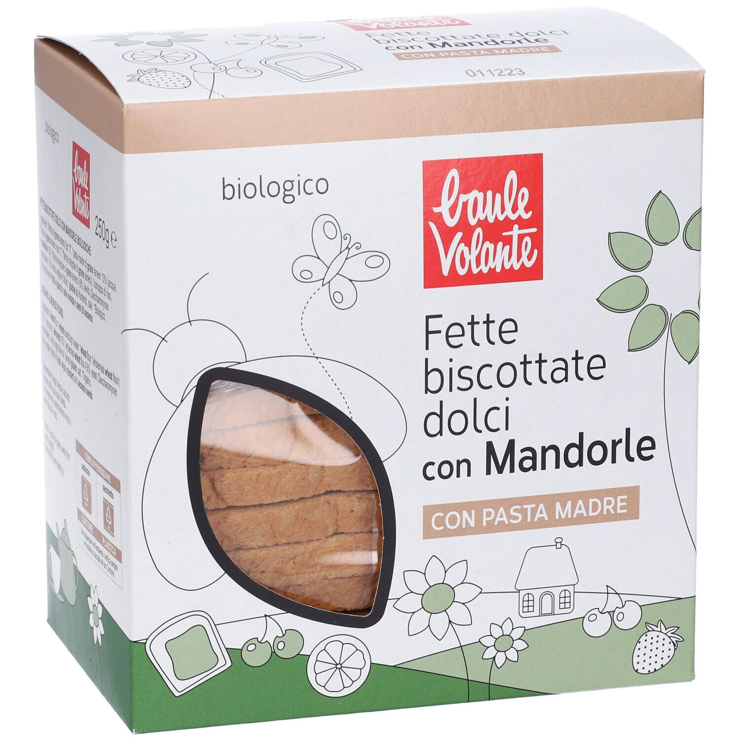 Confezione di Fette Biscottate Dolci Mandorla Malto. Marchio: Baule Volante. Scritta: biologico. Finestra mostra biscotti.