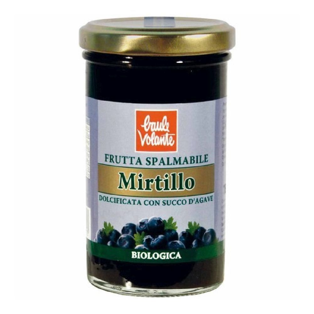 Vasetto di confettura di mirtilli. Coperchio dorato, etichetta con nome del prodotto e illustrazione di mirtilli. Scritta: biologico.