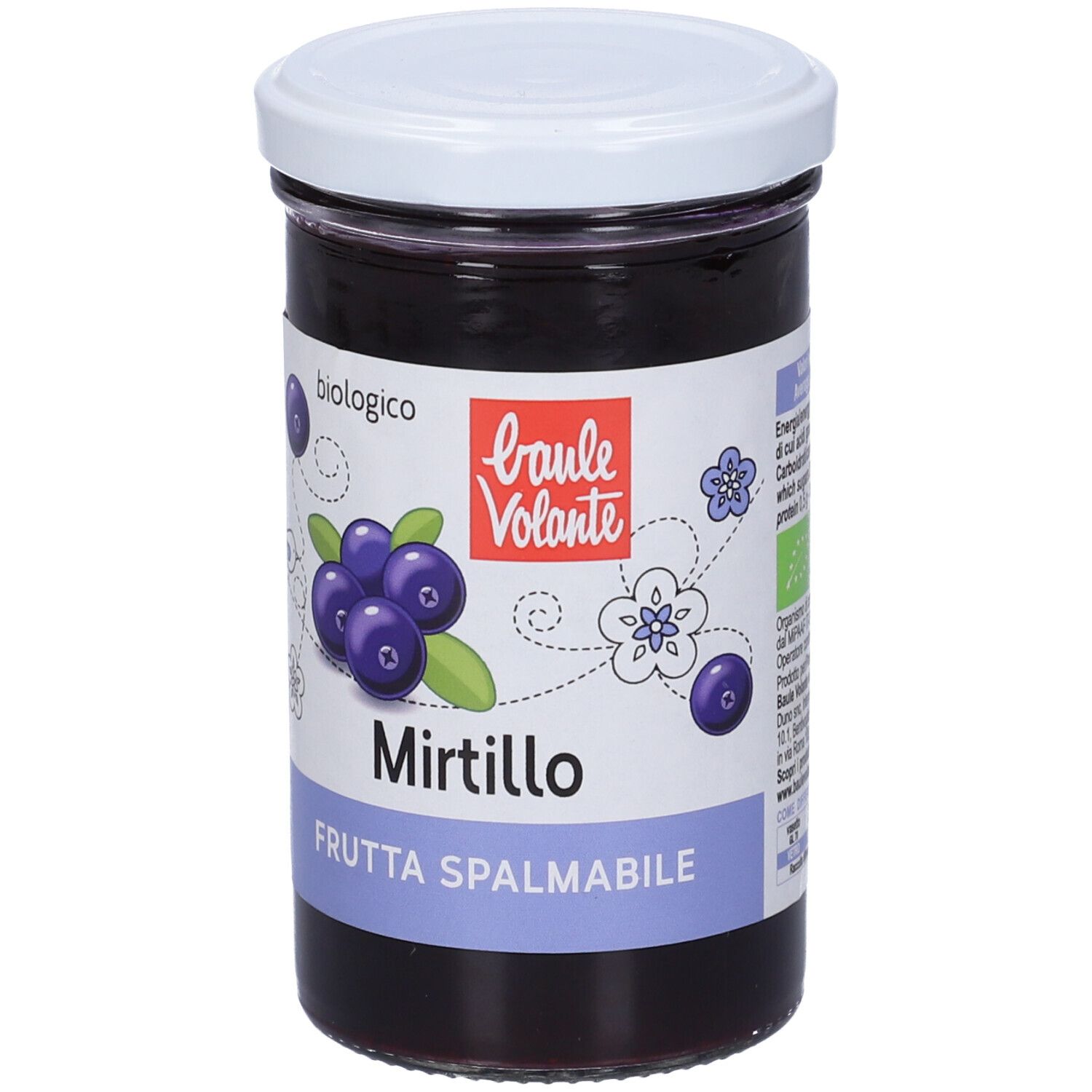 Vasetto di confettura di mirtilli. Coperchio bianco, etichetta con nome del prodotto e illustrazione di mirtilli. Scritta: biologico.