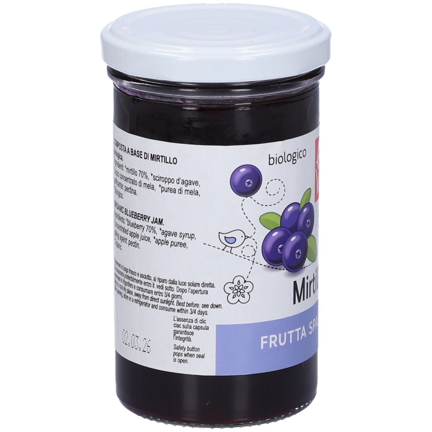 Vasetto di confettura di mirtilli. Coperchio bianco, etichetta con nome del prodotto e lista ingredienti. Scritta: biologico.