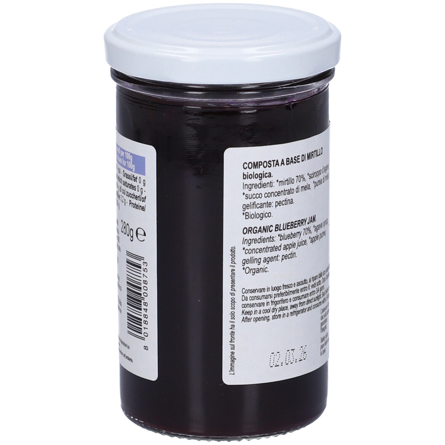 Vasetto di confettura di mirtilli. Coperchio bianco, etichetta con nome del prodotto e lista ingredienti. Scritta: biologico.