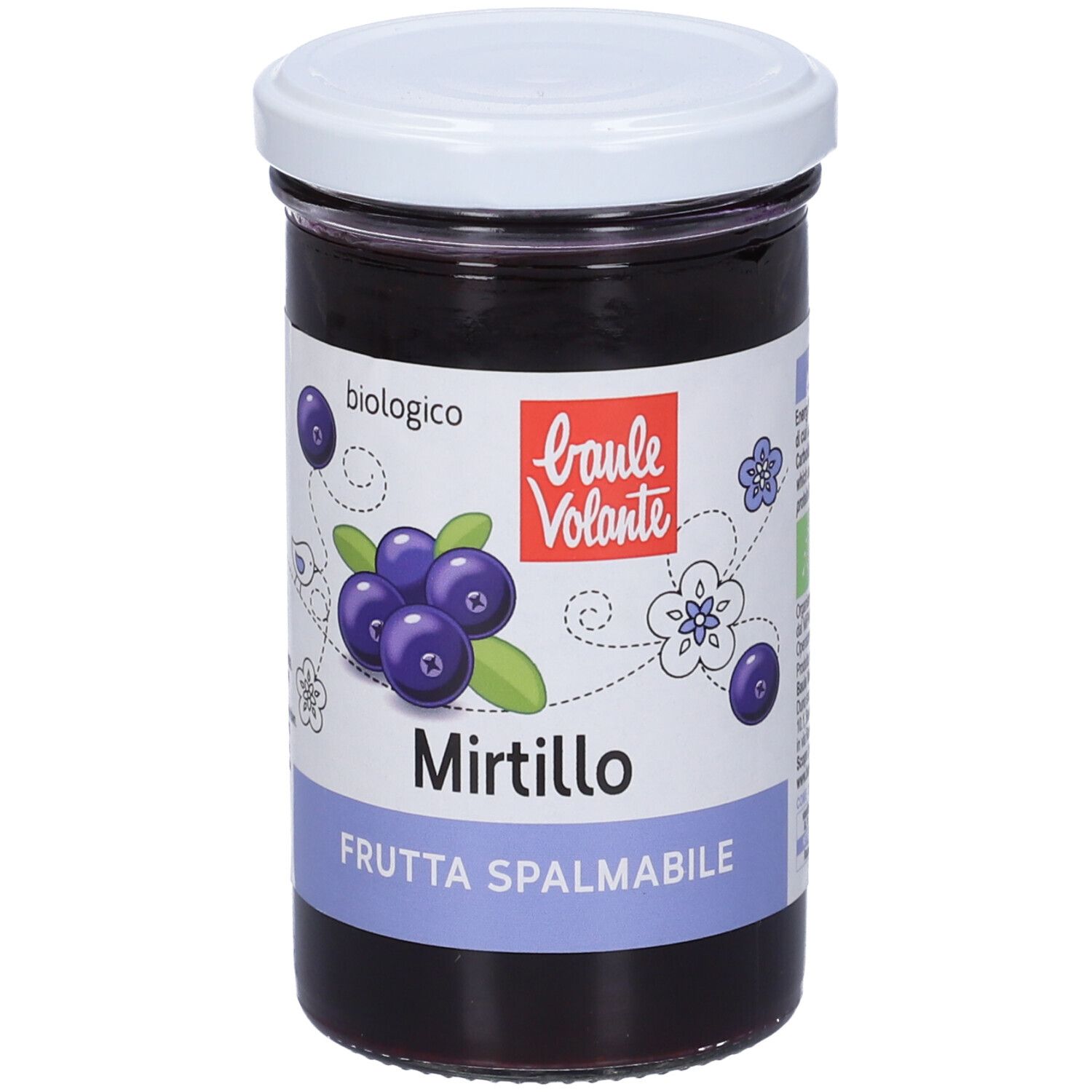 Vasetto di confettura di mirtilli. Coperchio bianco, etichetta con nome del prodotto e illustrazione di mirtilli. Scritta: biologico.