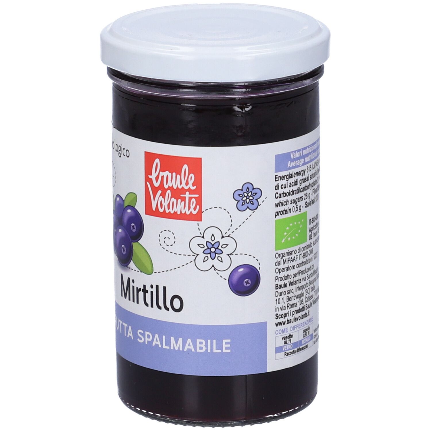 Vasetto di confettura di mirtilli. Coperchio bianco, etichetta con nome del prodotto e illustrazione di mirtilli. Scritta: biologico.