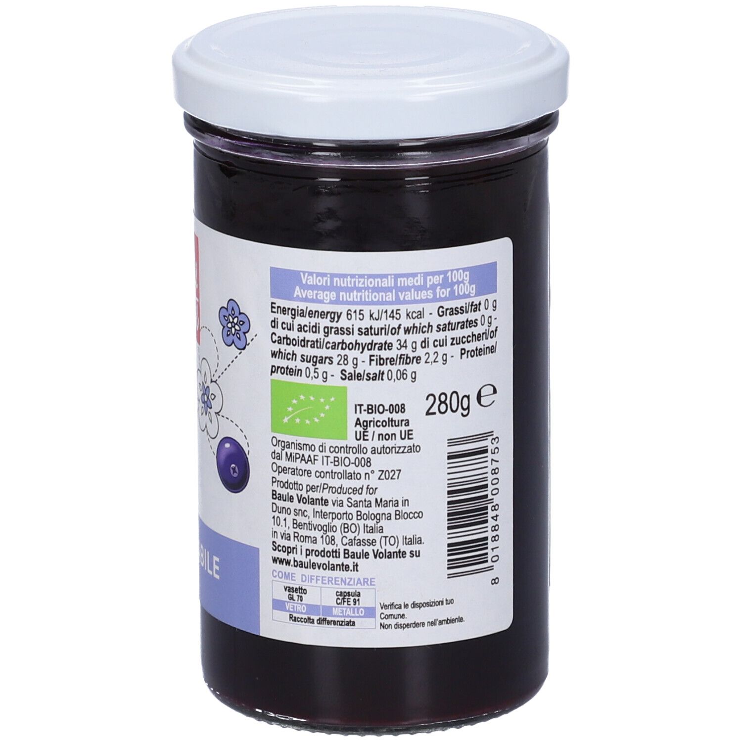 Vasetto di confettura di mirtilli. Coperchio bianco, etichetta con valori nutrizionali e certificazioni. Scritta: biologico.