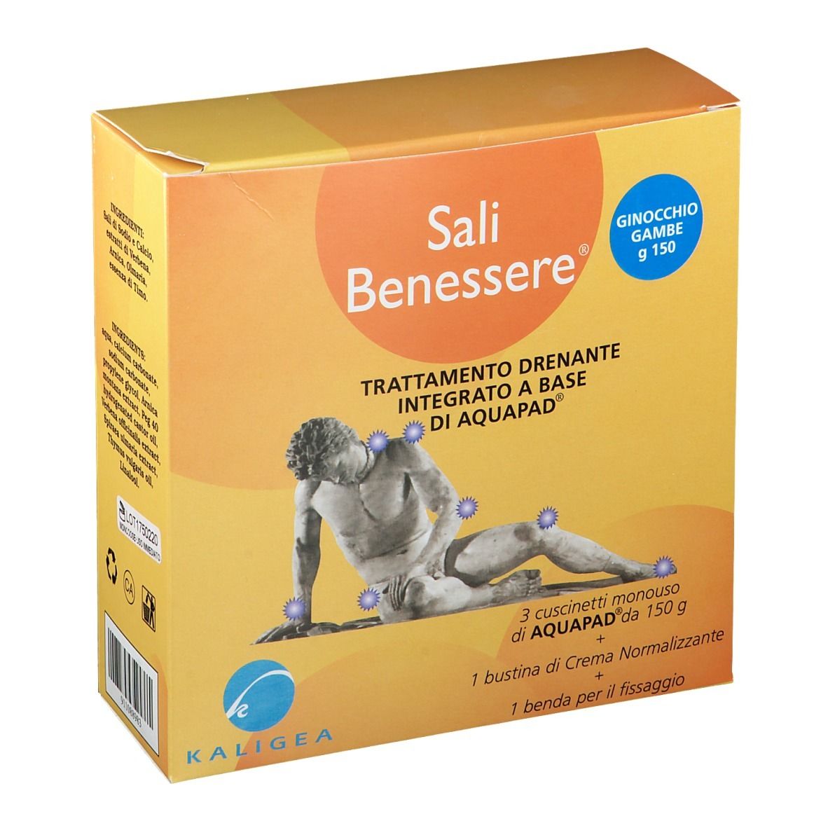 Confezione gialla con nome prodotto e illustrazione. Testo: 'Sali Benessere', 'Trattamento drenante integrato a base di AQUAPAD'.