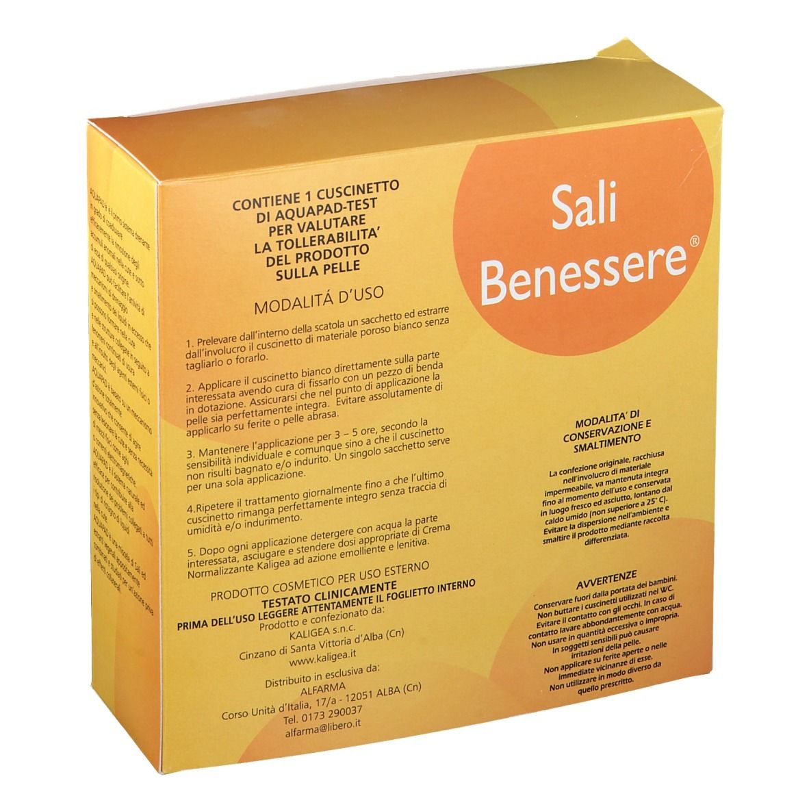 Confezione gialla con testo. Testo: 'Sali Benessere', 'Contiene 1 cuscinetto di AQUAPAD-TEST'.