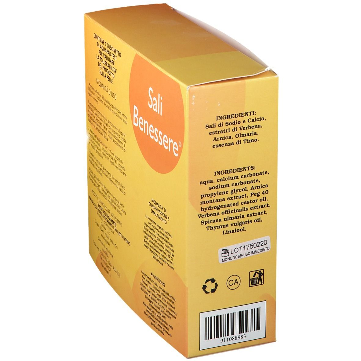 Confezione gialla con testo. Testo: 'Sali Benessere', lista ingredienti, numero lotto.
