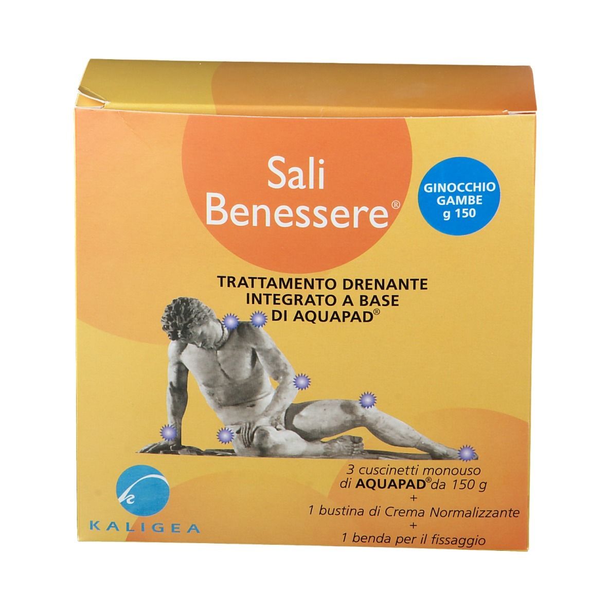 Confezione gialla con nome prodotto e illustrazione. Testo: 'Sali Benessere', 'Trattamento drenante'.