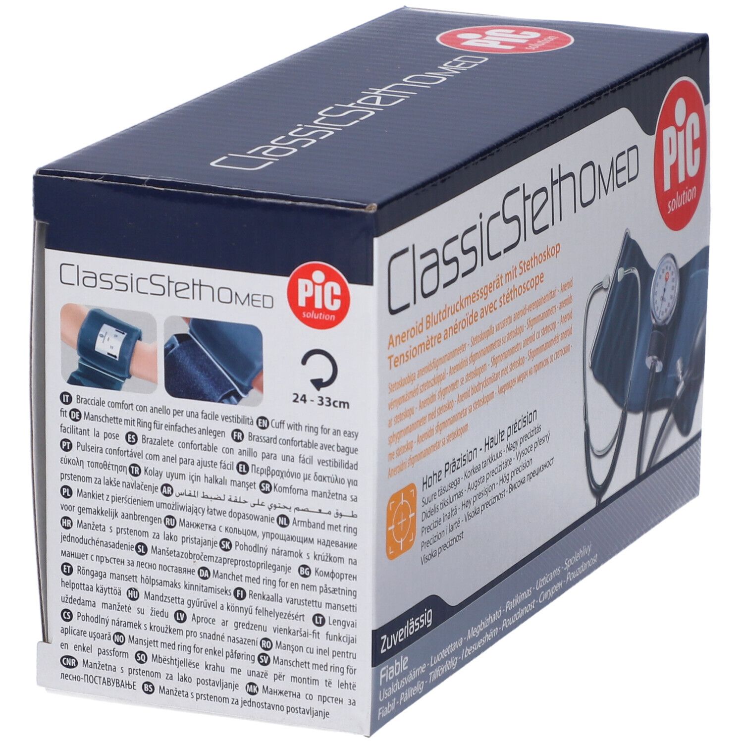Verpackung des Blutdruckmessgeräts. Aufschrift: ClassicStethoMED, PIC. Zeigt Manschette am Arm.