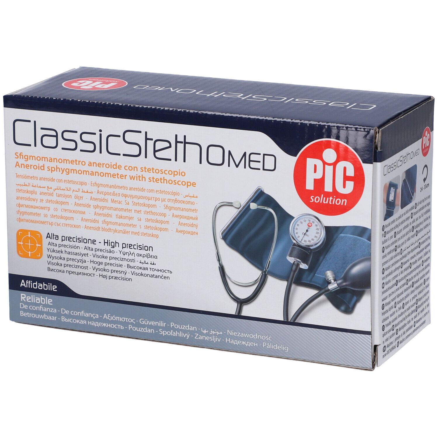 Verpackung des Blutdruckmessgeräts. Aufschrift: ClassicStethoMED, PIC. Zeigt das Gerät und Stethoskop.