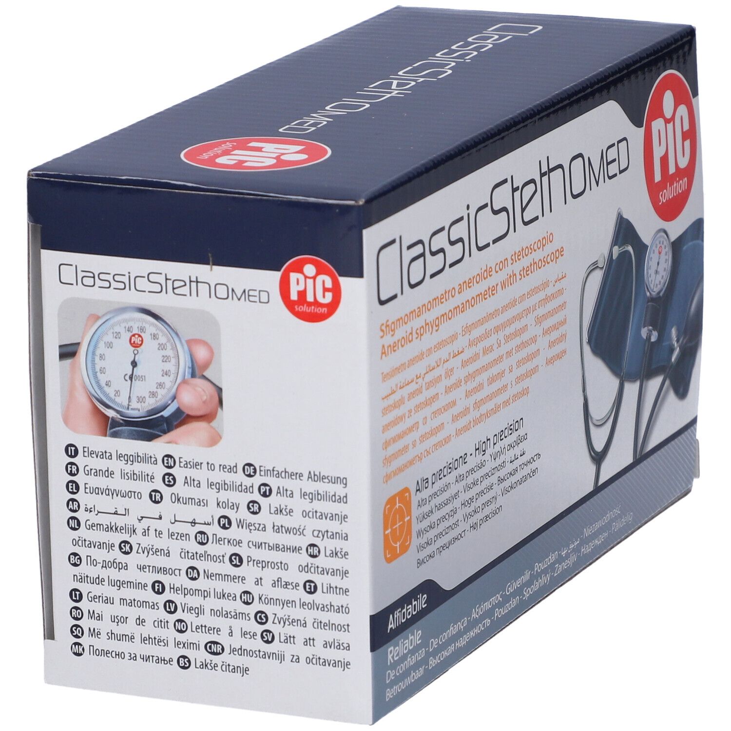 Verpackung des Blutdruckmessgeräts. Aufschrift: ClassicStethoMED, PIC. Zeigt das Manometer.