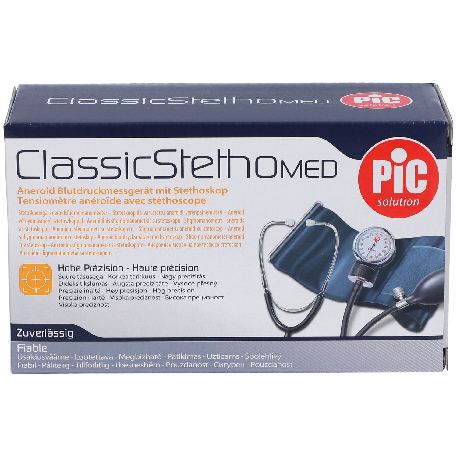 Verpackung des Blutdruckmessgeräts. Aufschrift: ClassicStethoMED, PIC. Enthält ein Blutdruckmessgerät und Stethoskop.