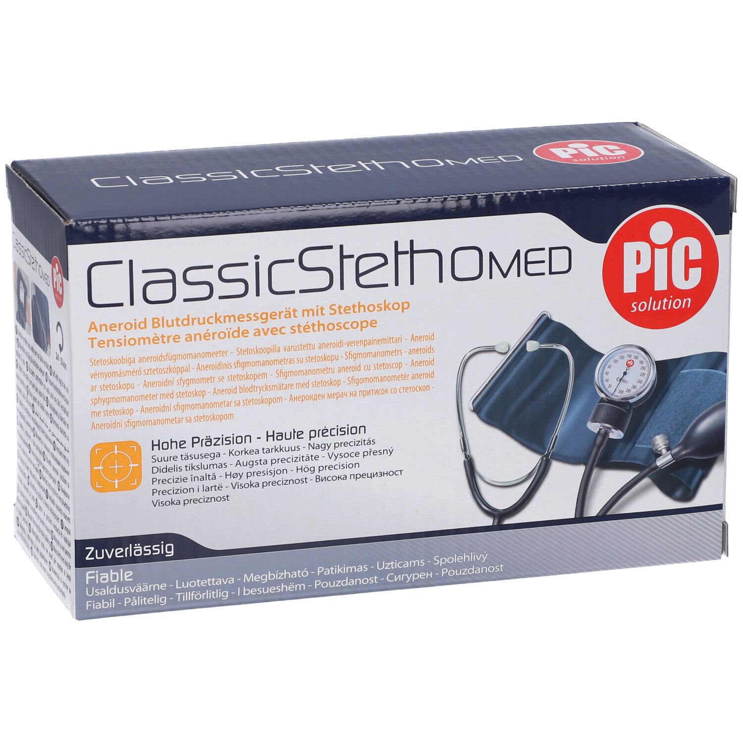 Verpackung des Blutdruckmessgeräts. Aufschrift: ClassicStethoMED, PIC. Enthält ein Blutdruckmessgerät und Stethoskop.