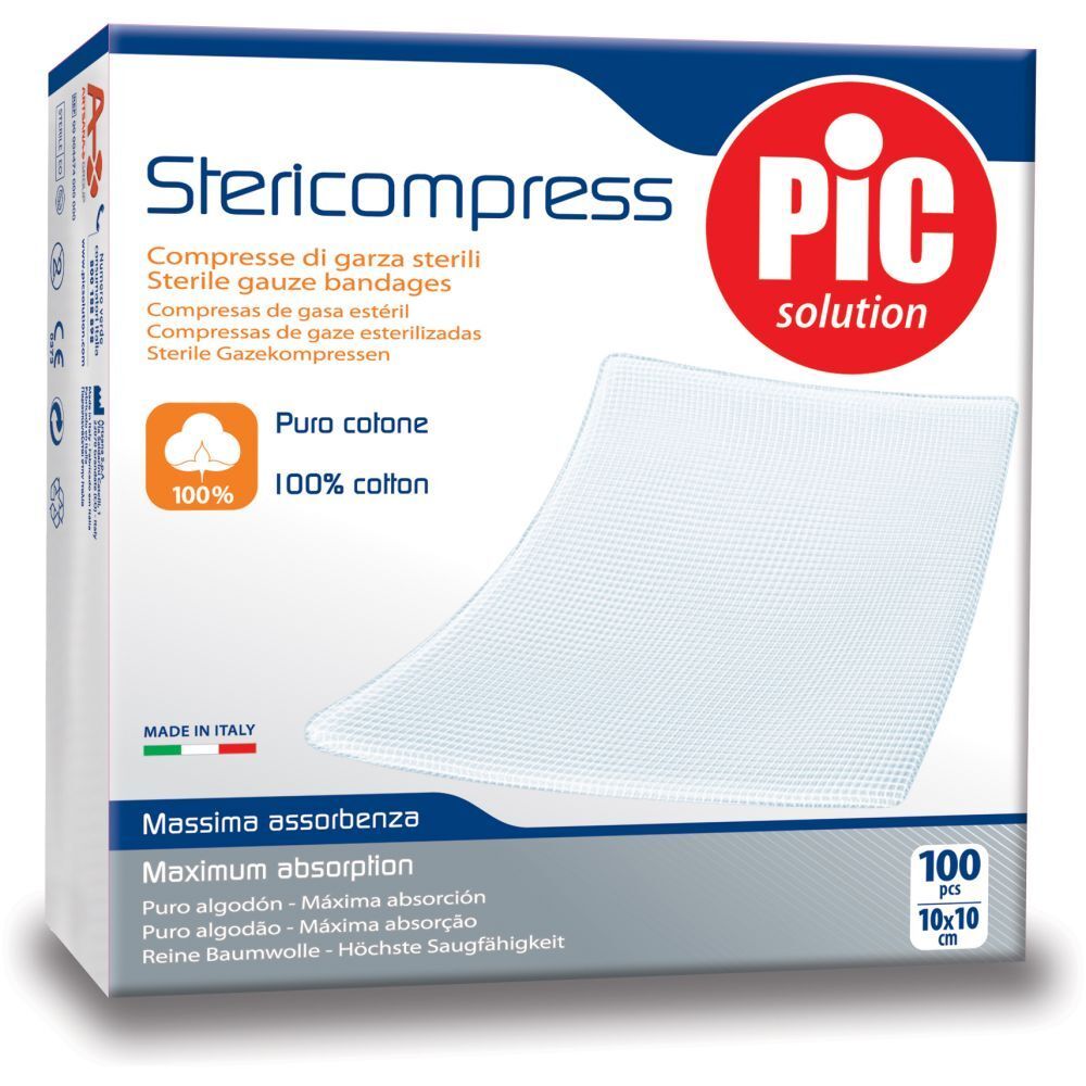 Confezione di Stericompress, 100 garze sterili, 10x10 cm. Marchio PIC solution. 100% cotone.